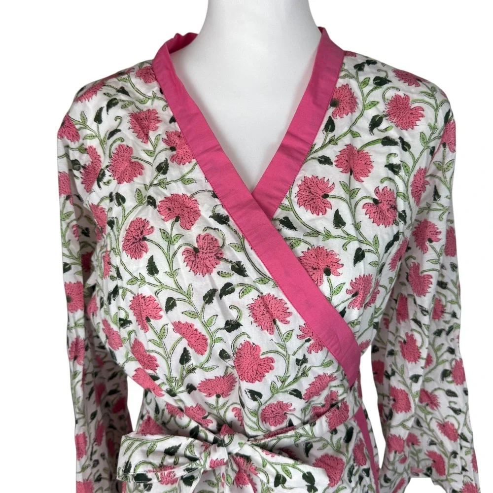 Madison Mathews One Size Floral Print Robe Kimono Pink White Green Cotton‎